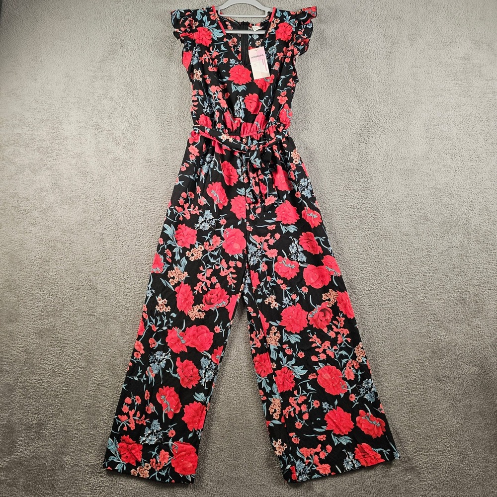 WDIRARA Womens Floral Wide Leg Jumpsuit Red Black Ruffle Sleeve Size Medium NEW